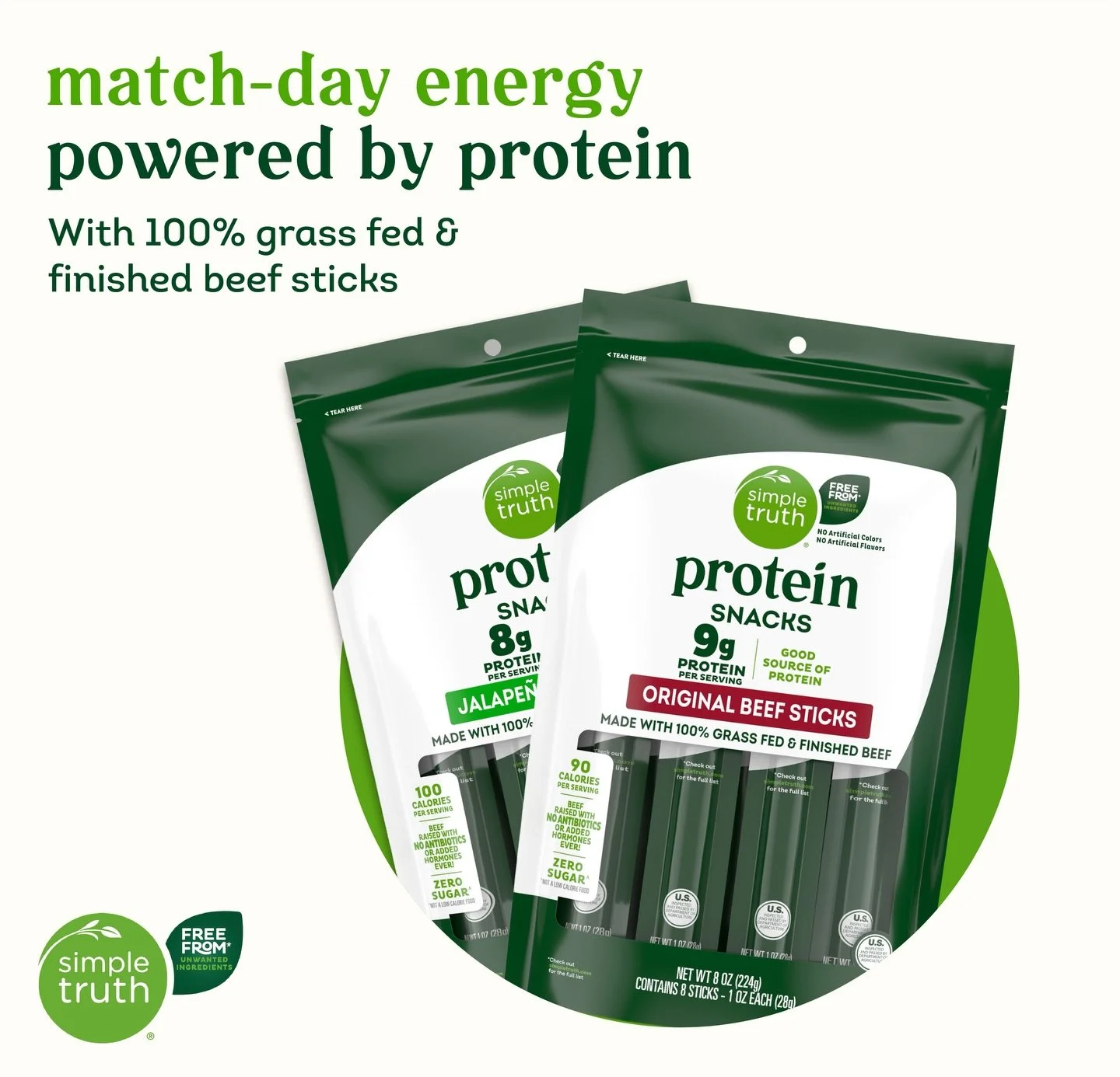 Max your match-day energy with Simple Truth Protein Beef Sticks. Made with 100% grass fed &amp; finished beef. They&rsquo;re a good source of protein, with no artificial colors or flavors, zero sugar and 90-100 calories per serving.

 #freefromunwant