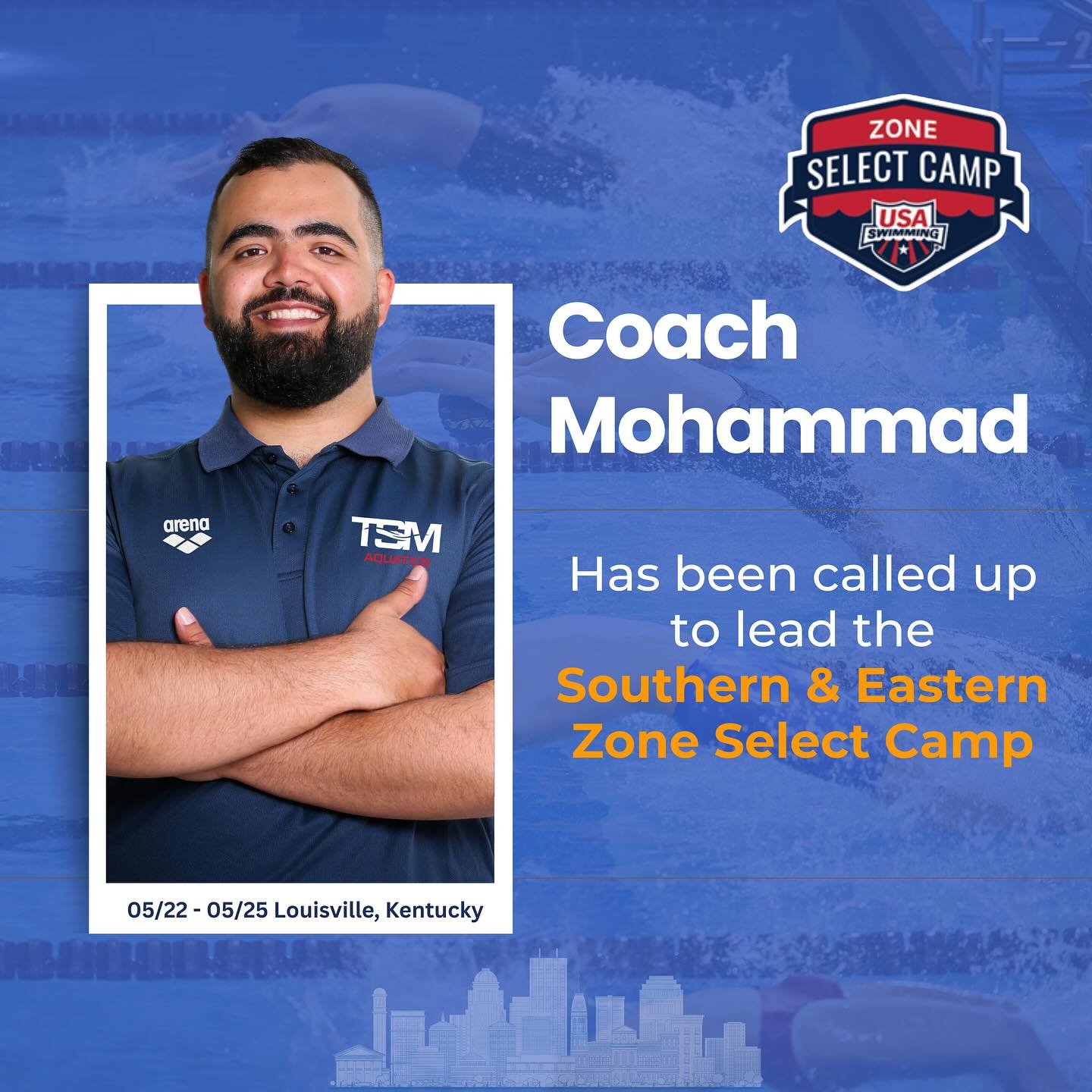 Congratulations to our own Coach Mohammad on being selected to lead the Southern/Eastern Zone Select Camp taking place May 22-25 at the University of Louisville. 

The Zone Select Camps consist of four in-water workouts and a number of classroom sess