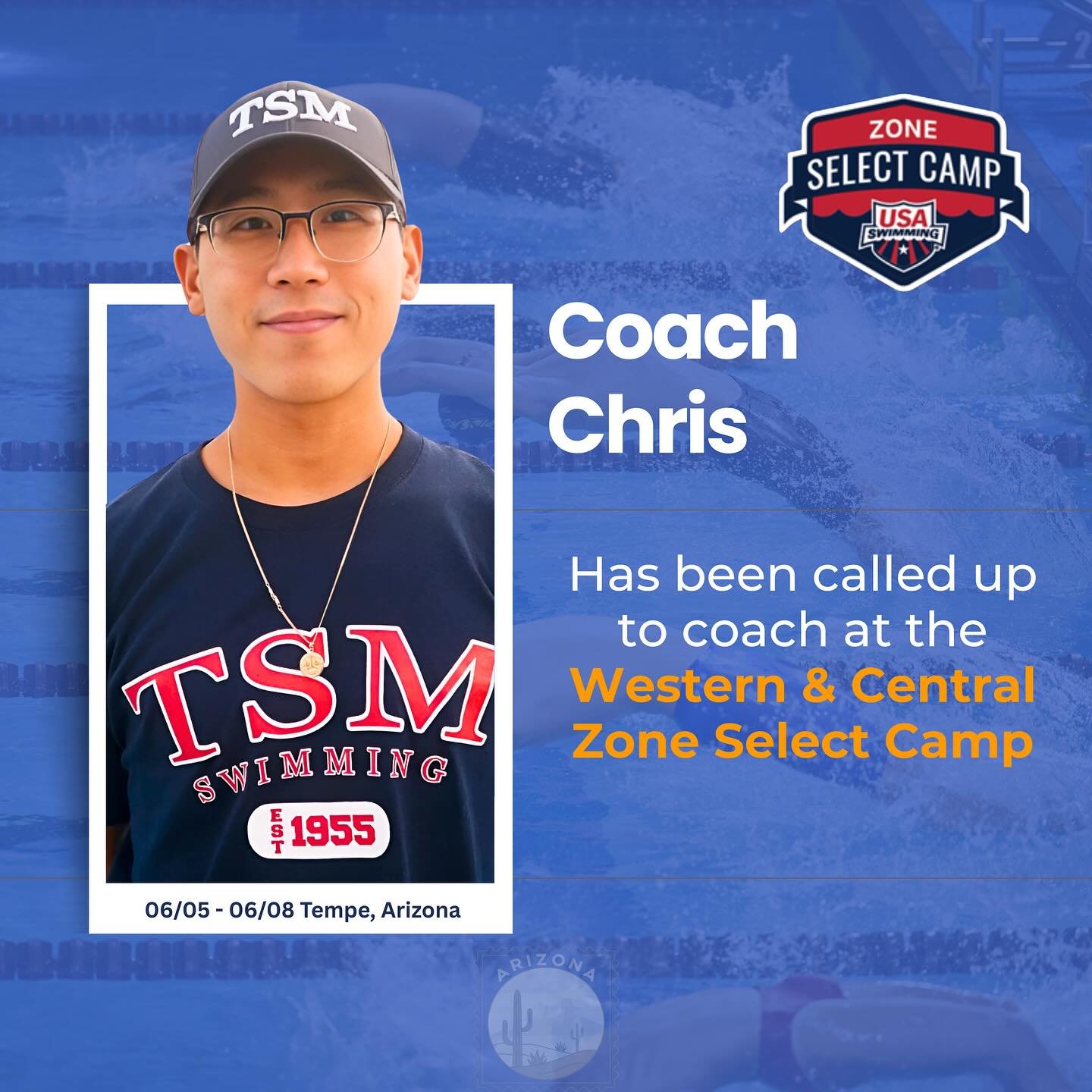 Congratulations to Coach Chris on being called up to coach at the Western &amp; Central Zone Camp taking place June 5-8 in Tempe, AZ. 

The Zone Select Camps consist of four in-water workouts and a number of classroom sessions covering various topics