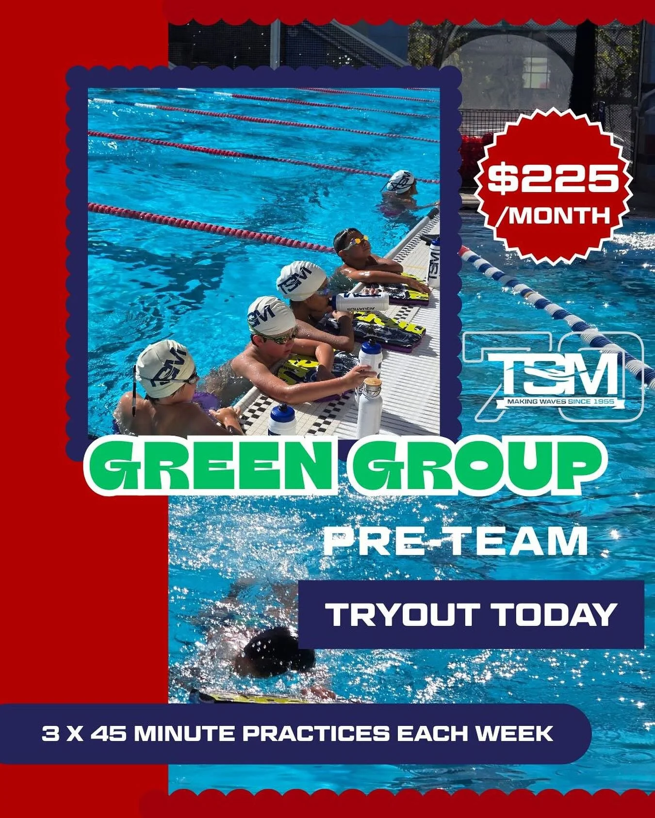 🟢 Introducing TSM&rsquo;s Green Group: our pre-team program!
The perfect bridge between swim lessons and joining the team 🏊&zwj;♂️
3x/week &bull; 45-min practices &bull; $225/month
✅ Schedule your tryout on our website today!
#TSMAquatics #GreenGro