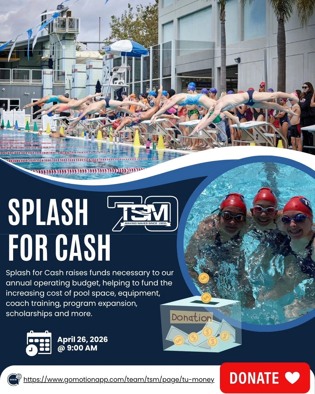 It&rsquo;s that time of the year again&hellip; our BIGGEST fundraiser 💙
Splash for Cash is back and we need your support!

Every donation helps keep TSM going &mdash; from pool space to equipment to supporting our athletes all season long.

Help us 