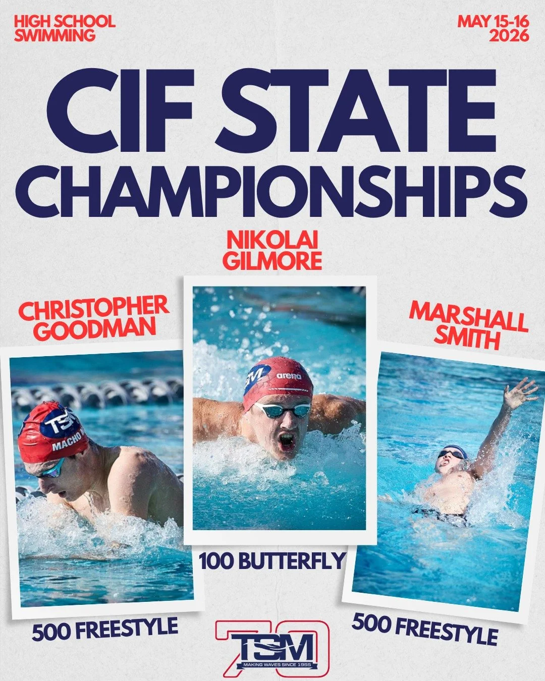 State Championship weekend 🔥

Big shoutout to Marshall (500free), Christopher (500 Free, 200 medley relay, and 400 Free), and Nikolai (100 Fly, 200 medley relay) as they represent their high schools at the State Championships this weekend!

After sw