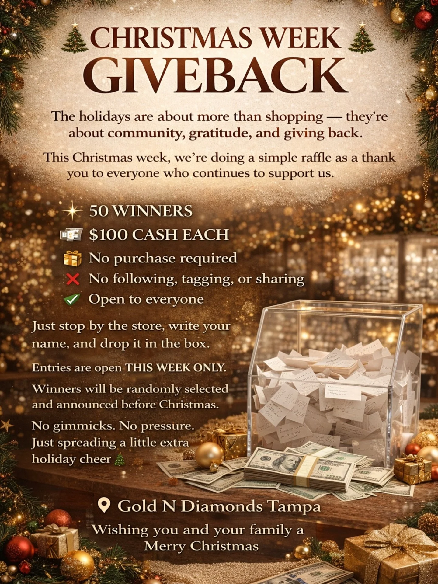 📍 In-store only
🕛 Open today till 6:00 PM 
⏰ Raffle entries accepted during store hours.  Thank you for the continued love and support.
Let&rsquo;s spread some Christmas cheer ❤️

&mdash; Gold N Diamonds Tampa ✨ @cheddached_gemg @famouskidbrick3 @c