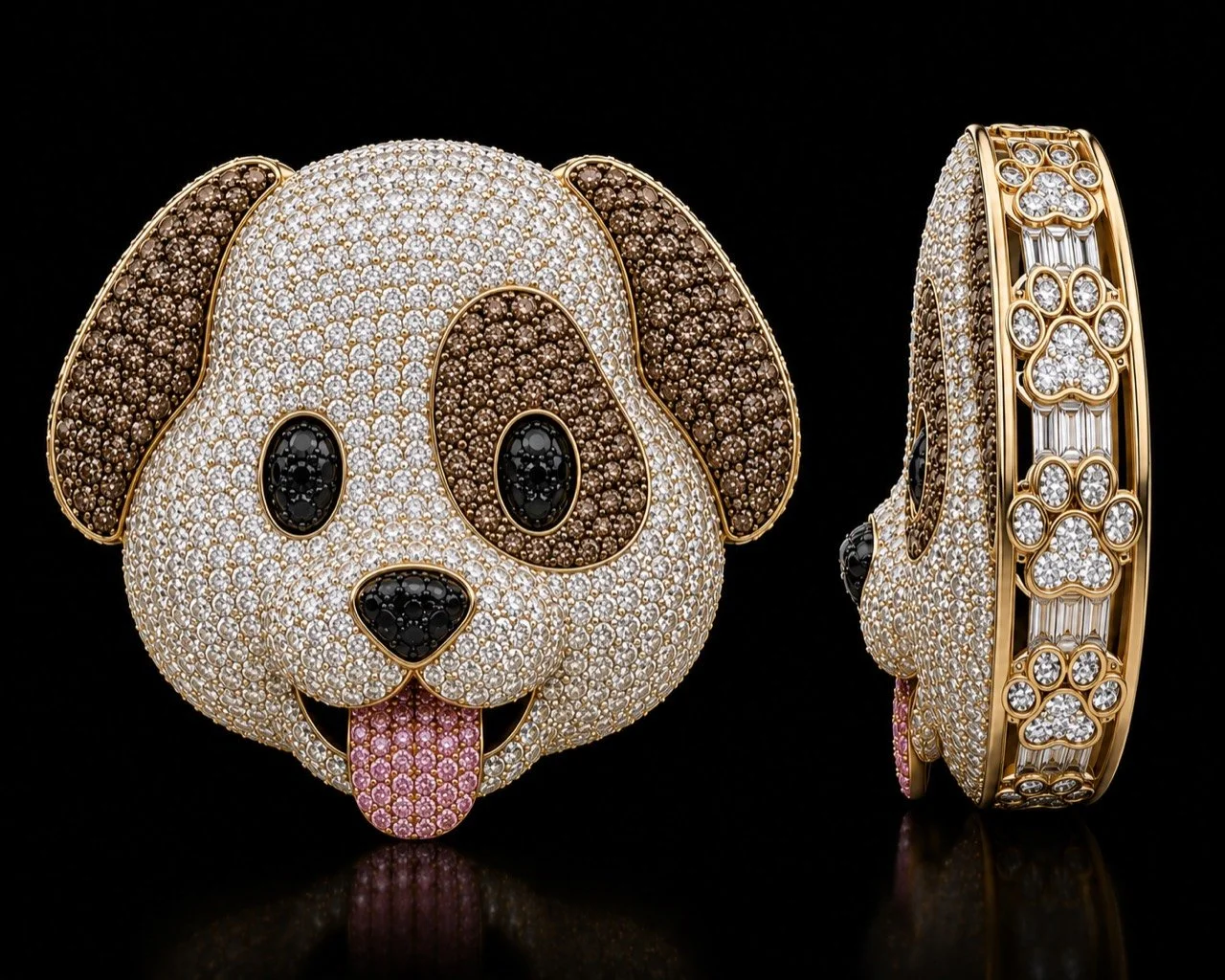 Front and side views of a custom natural diamond dog pendant in yellow gold by Gold N Diamonds Tampa.