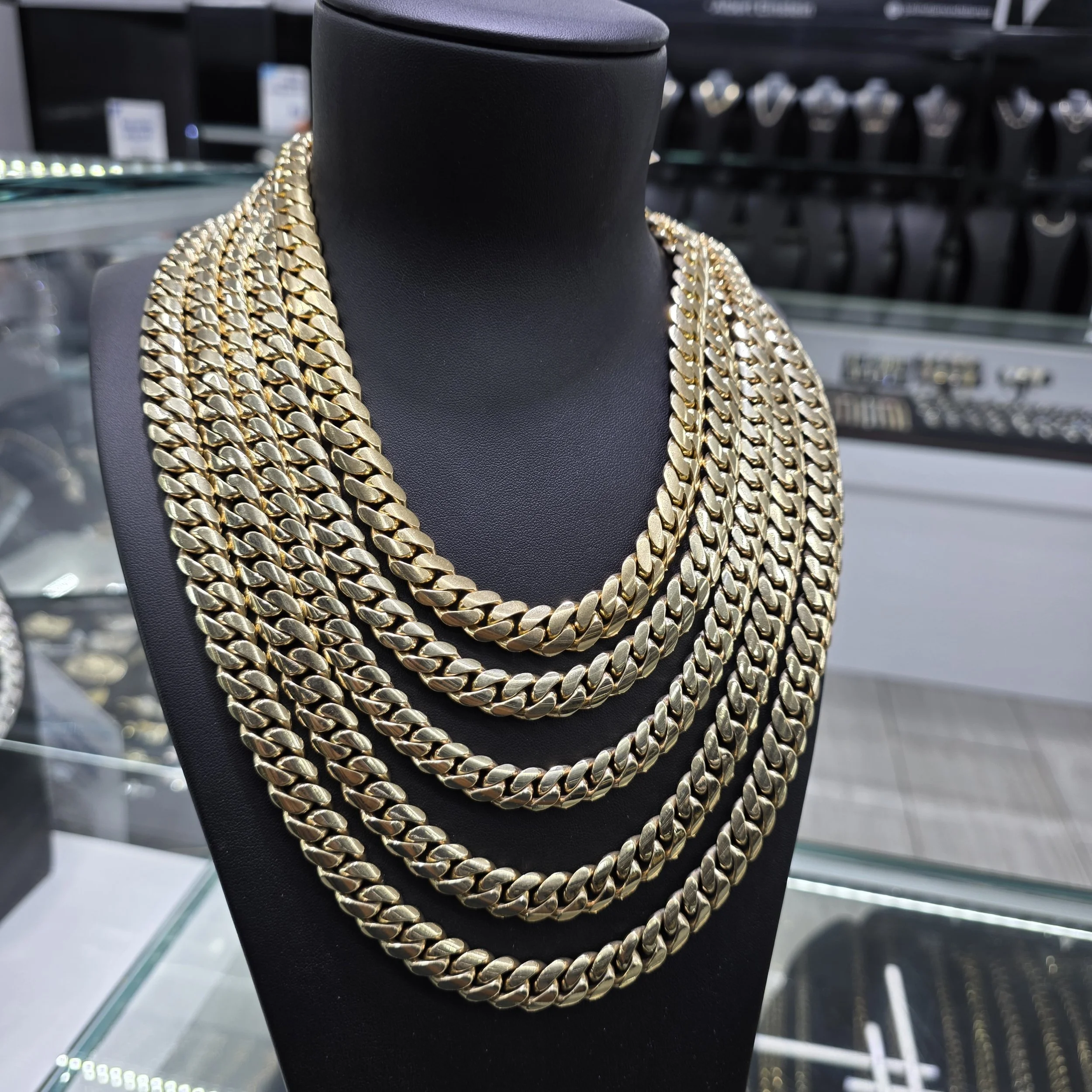 Solid gold Miami Cuban chains displayed at Gold N Diamonds Tampa