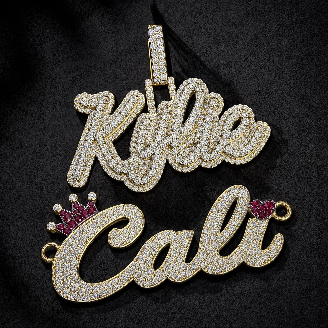 Custom natural diamond name pendants in yellow gold created by Gold N Diamonds Tampa.