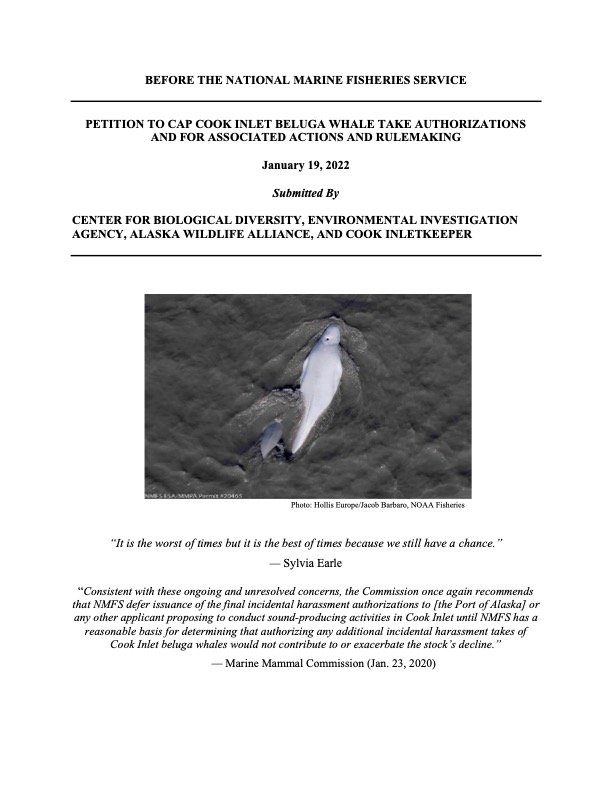 Petition to Cap Cook Inlet Beluga Whale Take Authorizations and for Associated Actions and Rulemaking