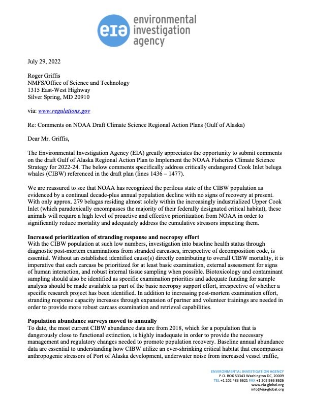 EIA Comments on NOAA Draft Climate Science Regional Action Plan