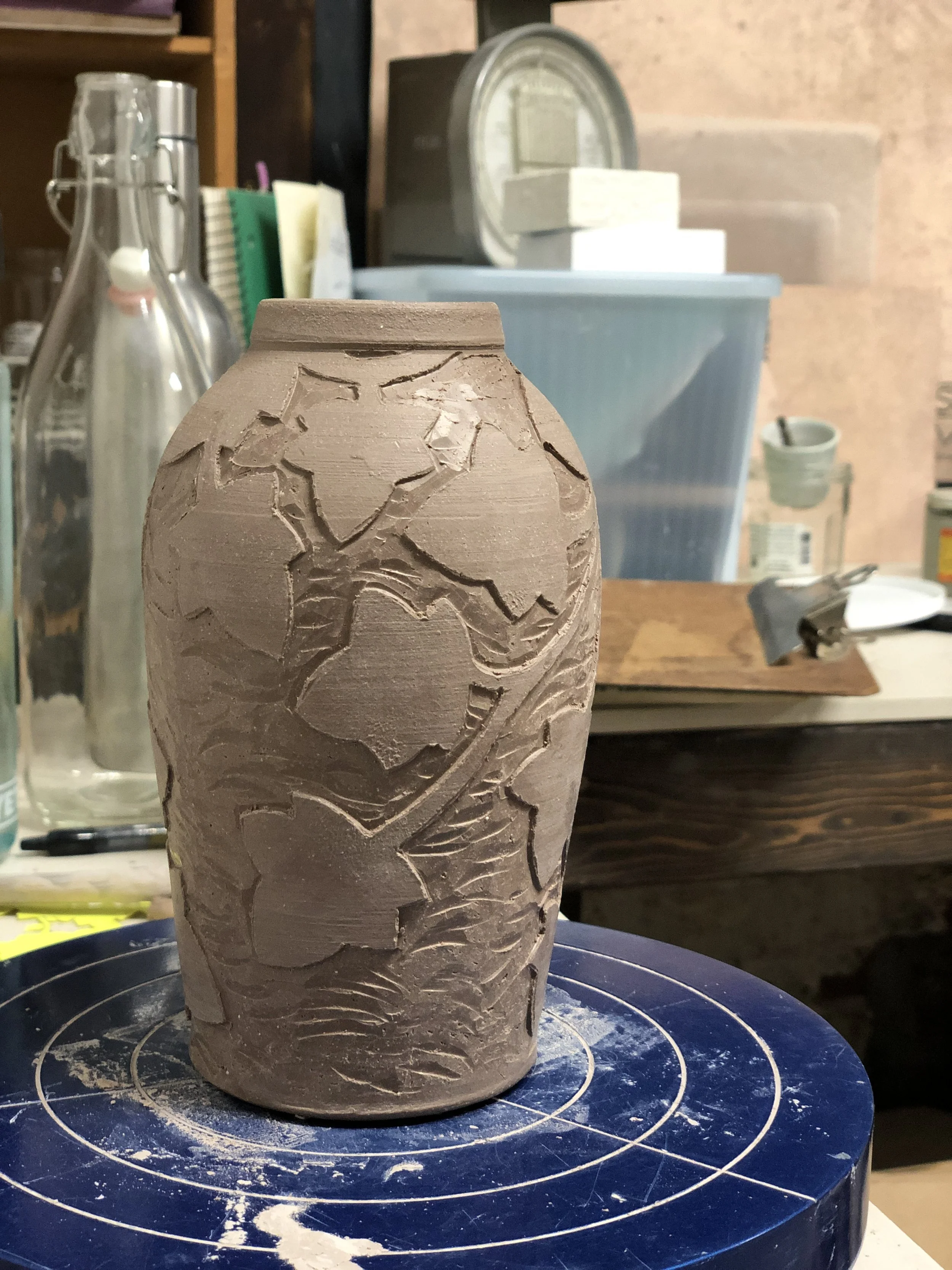 Unfired pottery that is in-progress in the ceramics studio of Vivian Purcell 