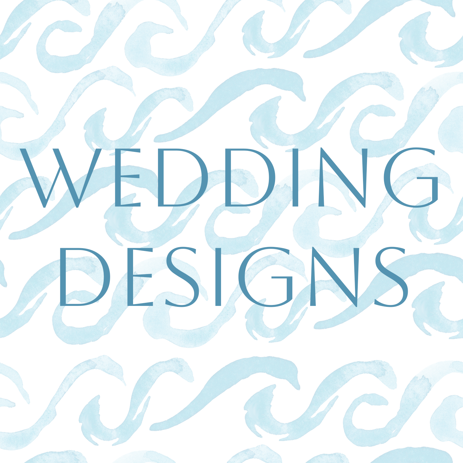 Wedding invitation design with light blue watercolor wave patterns in the background and the text 'Wedding Designs' in the center.