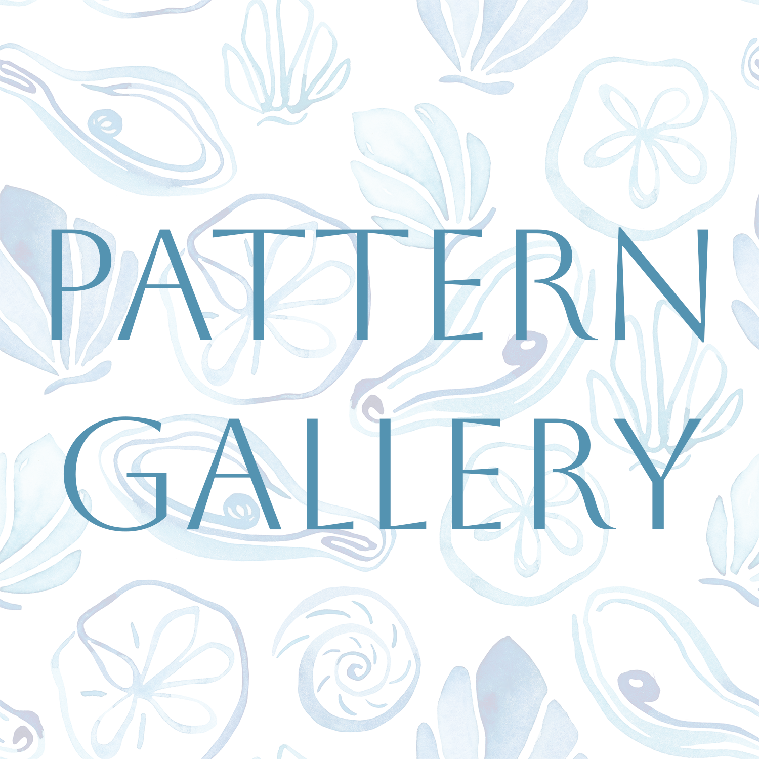 Light blue and white background with various hand-drawn patterns of shells, flowers, and abstract shapes. The words 'Pattern Gallery' are written in large, elegant blue font in the center.