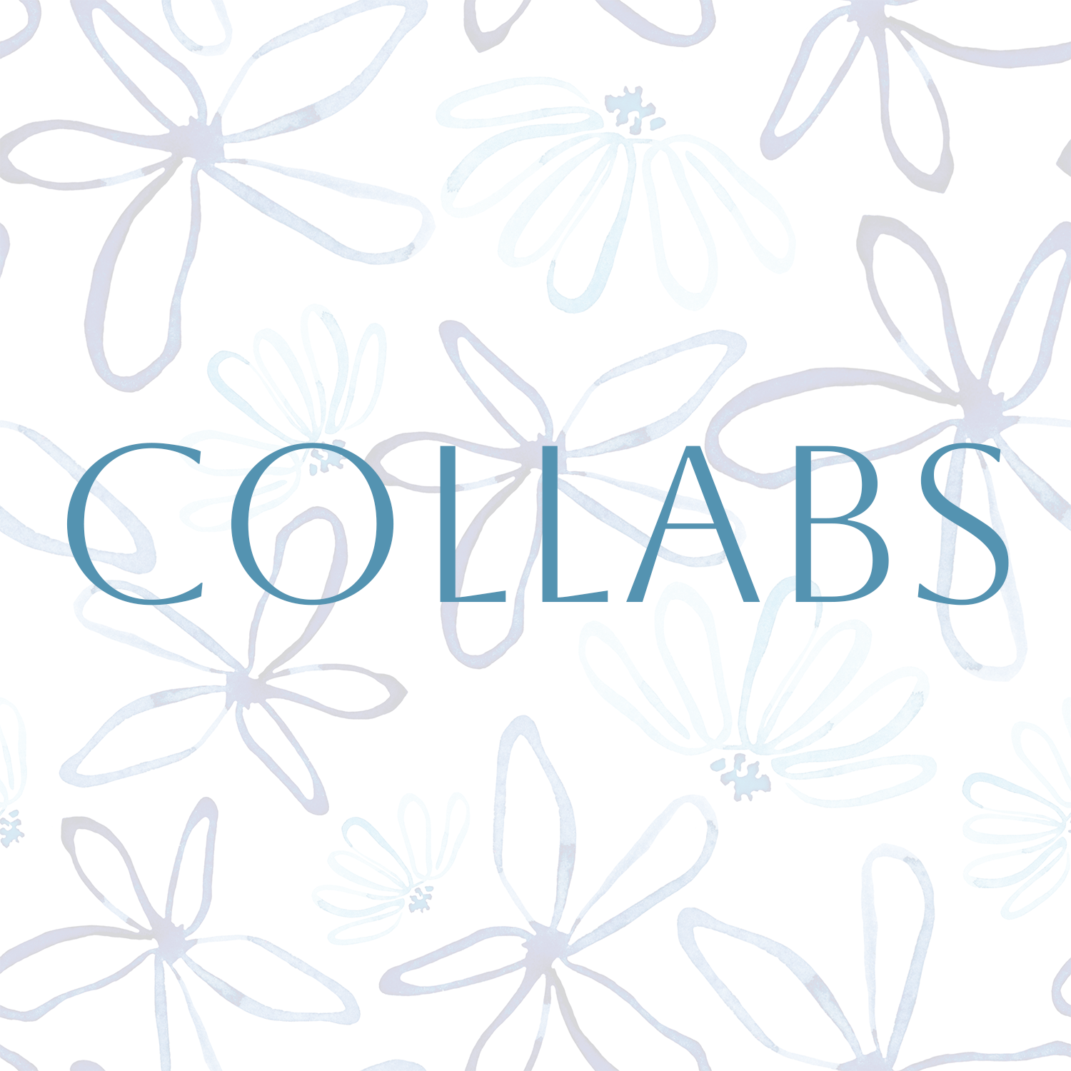 A light background with a pattern of simple, abstract flower outlines in pale shades of blue and gray, and the word 'COLLABS' written in large, blue, uppercase letters across the center.
