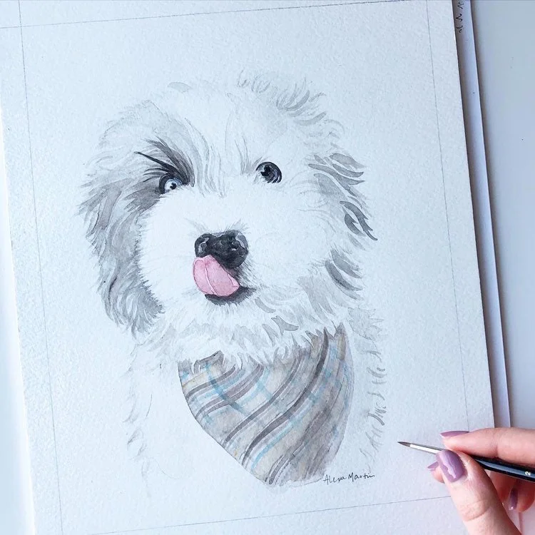 A realistic watercolor portrait of a fluffy dog with its tongue sticking out, wearing a plaid bandana around its neck.