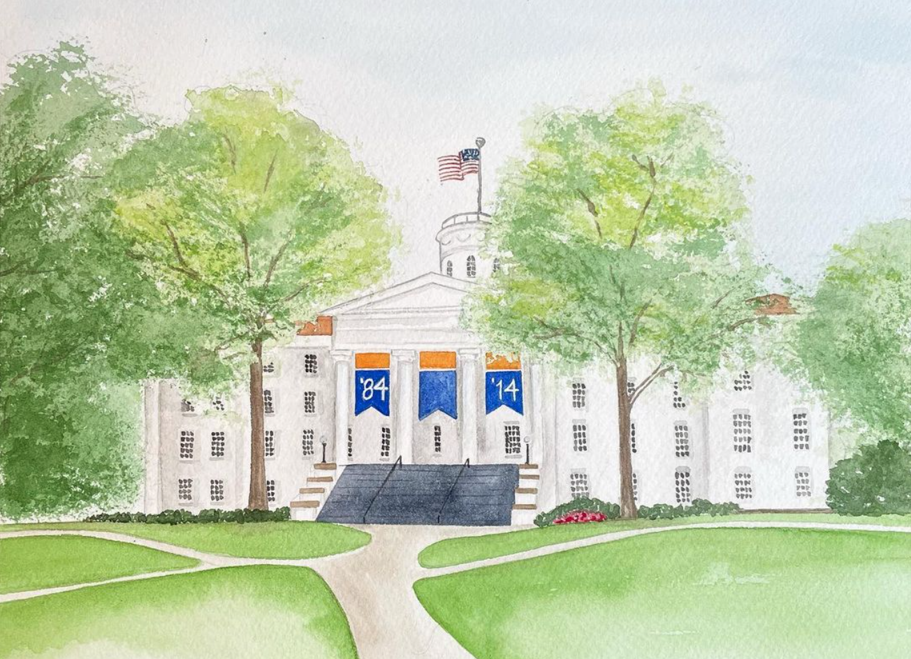 Watercolor illustration of a white courthouse with American flags, banners with 84 and 14, flanked by green trees and a well-maintained lawn.