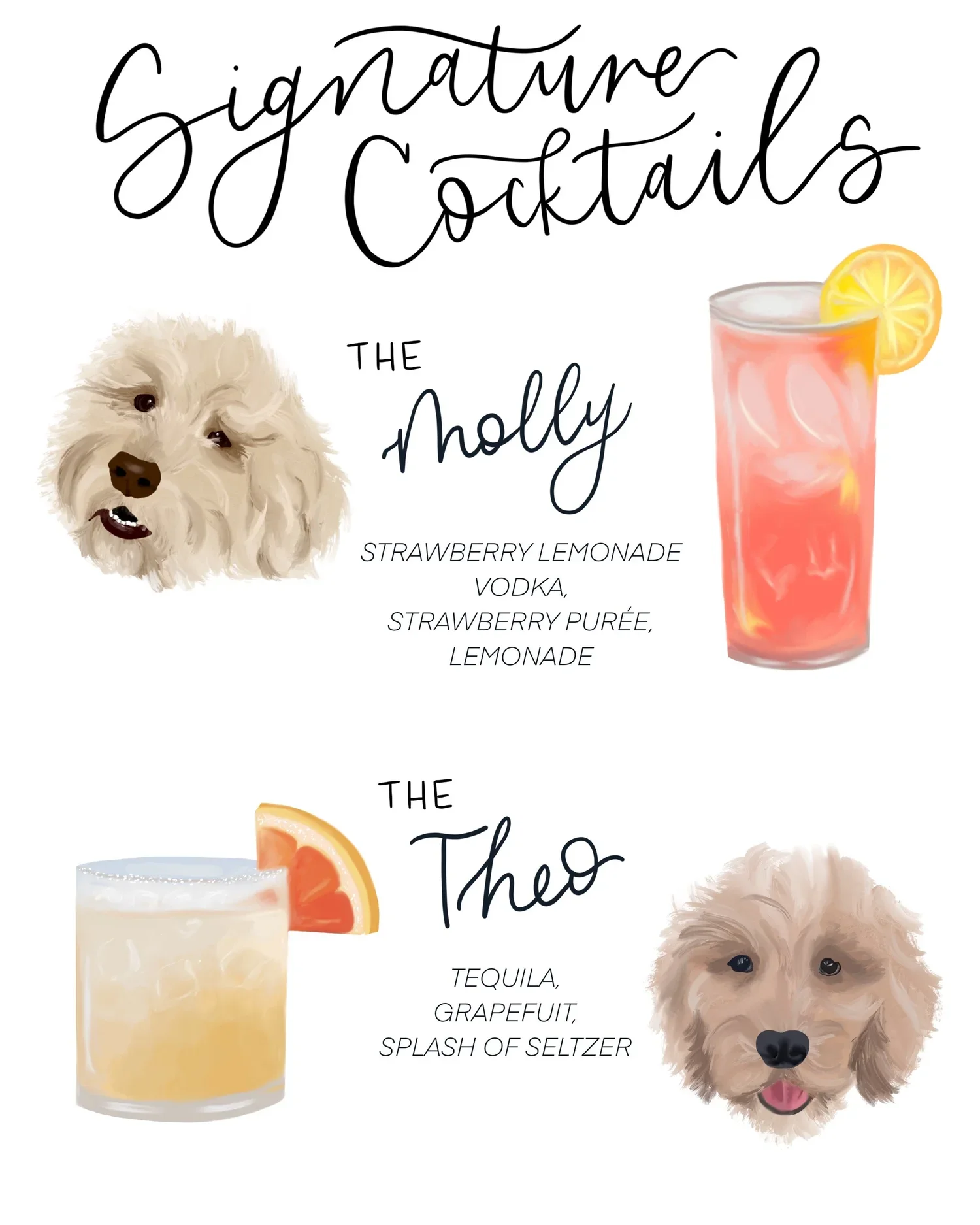 Illustration of signature cocktails with dog portraits and drink descriptions: strawberry lemonade vodka, strawberry purée, lemonade; tequila, grapefruit, splash of seltzer.