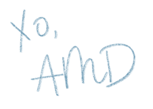 Handwritten message that says 'xo, AMD' in blue ink.