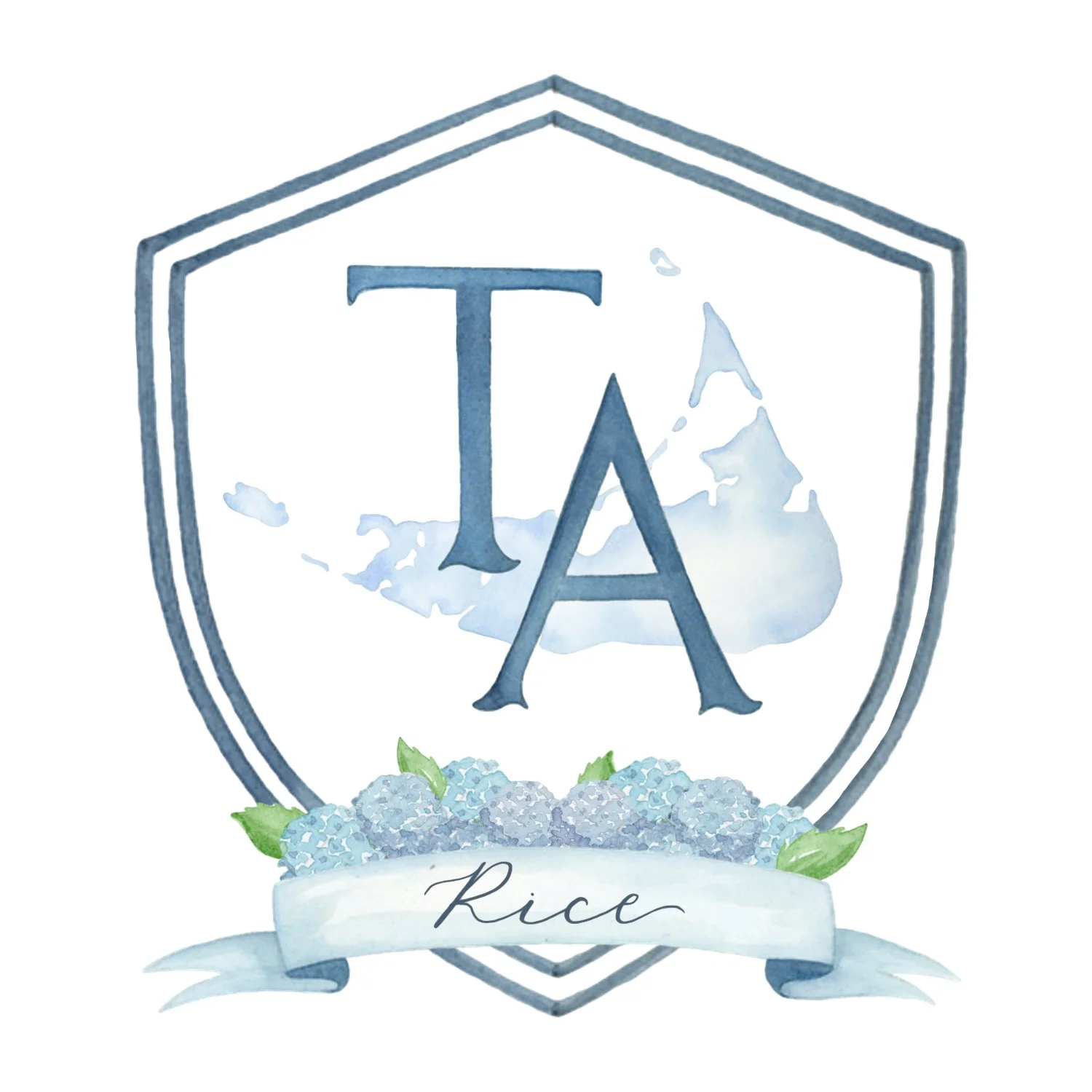 A watercolor-style logo featuring a shield with the initials T and A, a mountain range in the background, a cluster of rice plants at the bottom, and a banner with the word 'Rice' written on it.