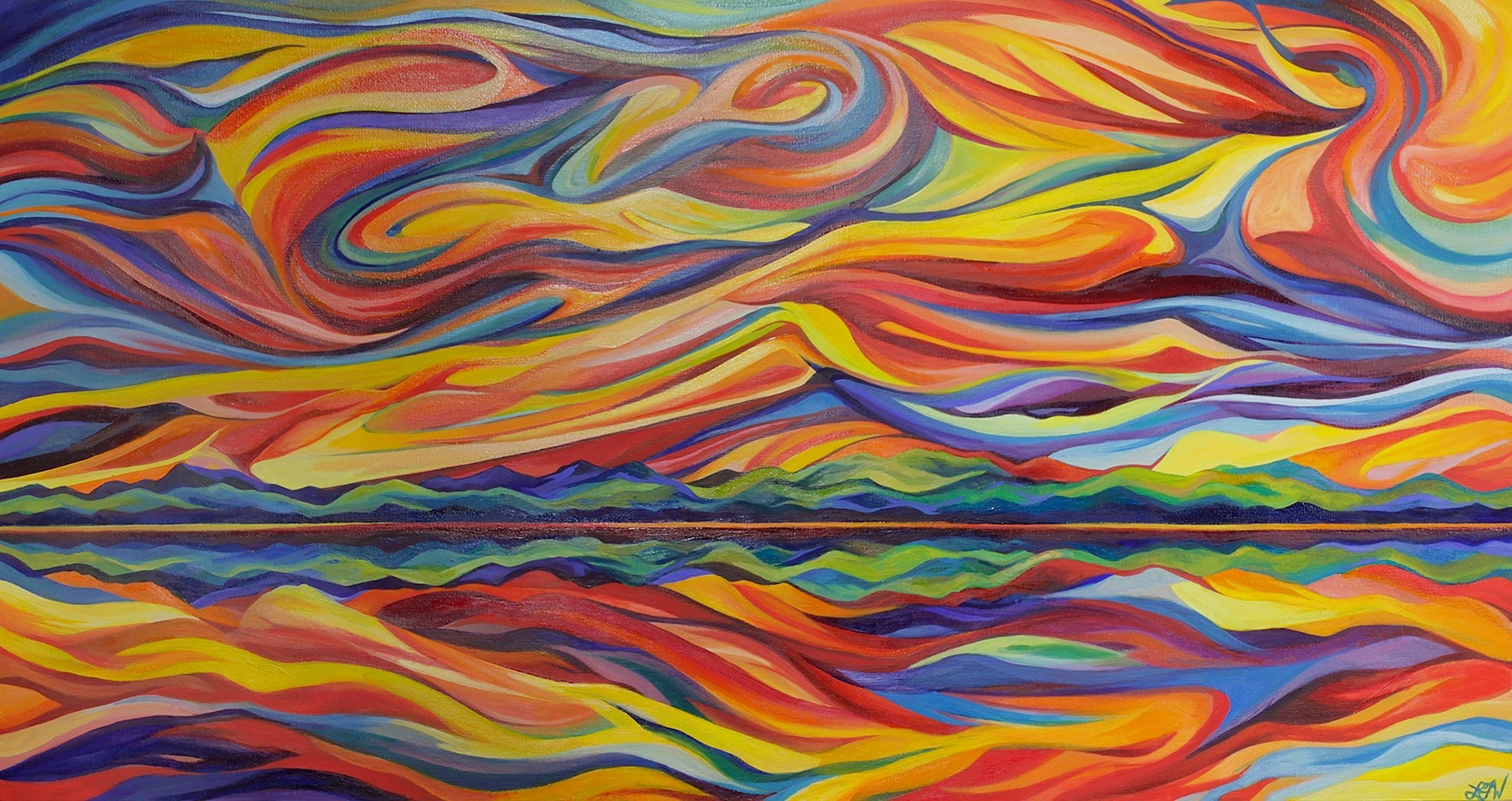 Lake Champlain in Marigold Tango - Oil on canvas 36" x 72" installation for free floating wall above circular dining area