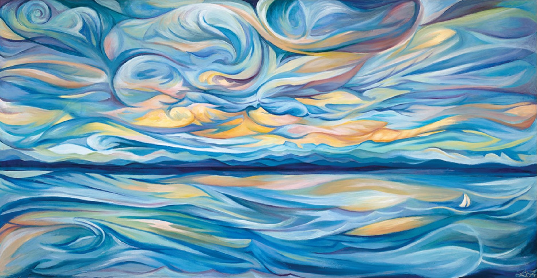 "Lake Champlain Rhythm in Blue" Oil on wood 26" x 50"
