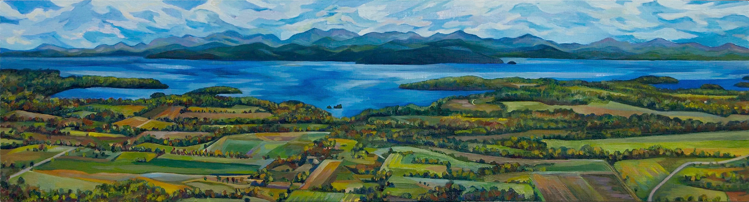 Finding Home from Mt Philo - Oil on wood 6" x 30" a special home tucked away in all of that green.