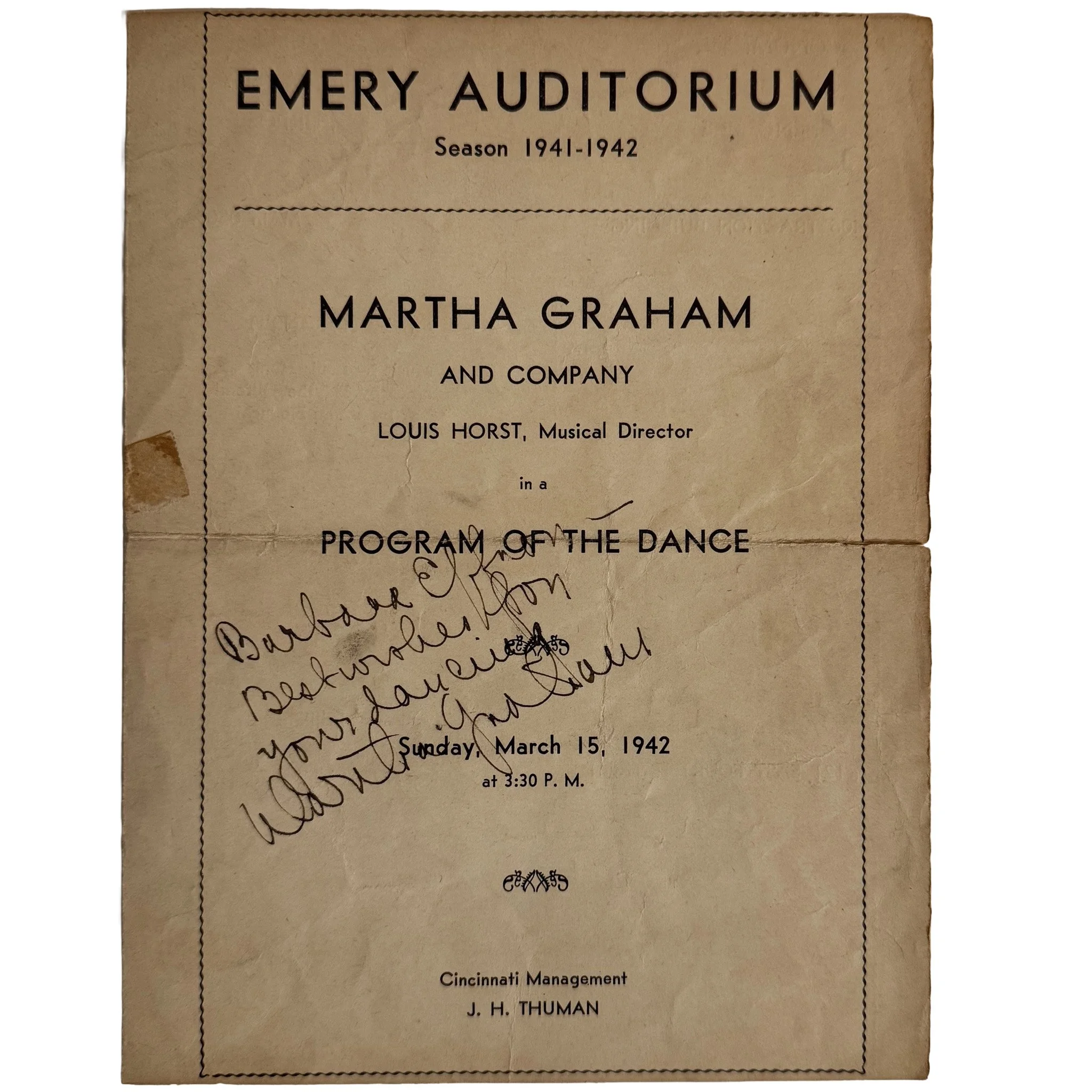 Martha Graham. Signed Program for Her First Cincinnati Appearance, 1942 (Inscribed by Graham to a Young Dance Student)