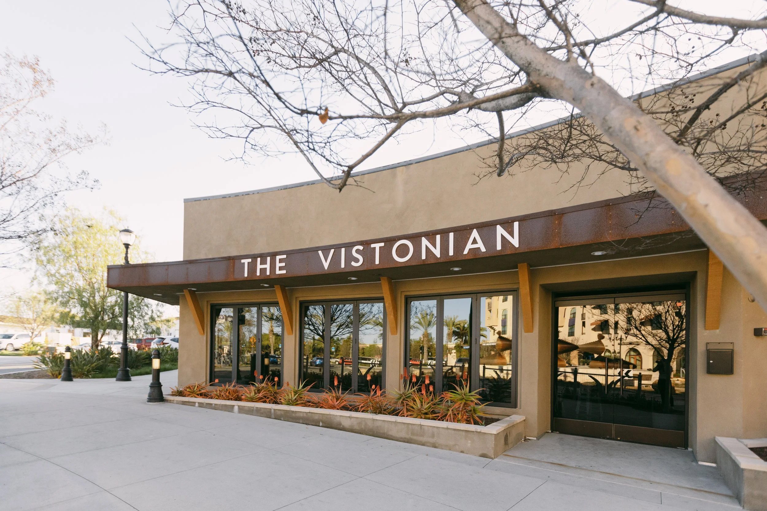 Street view of the beautiful industrial wedding venue The Vistonian located in downtown Vista CA