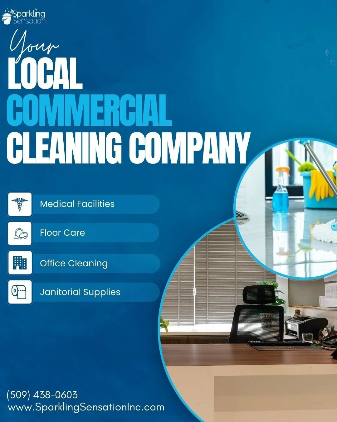 Sparkling Sensation, Inc. commercial cleaning and janitorial services- give us a call today!
www.SparklingSensationInc.com