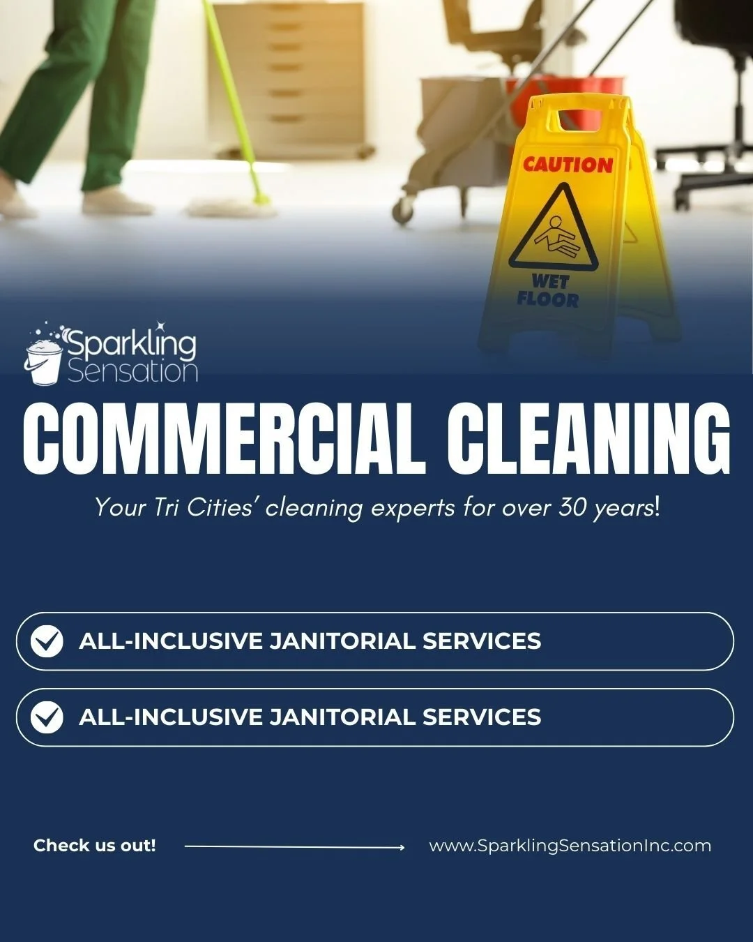 If you need janitorial services or floor care- we've got you covered! Give us a call or check out our website to see exactly what we offer!
(509) 438-0603 | www.SparklingSensationInc.com