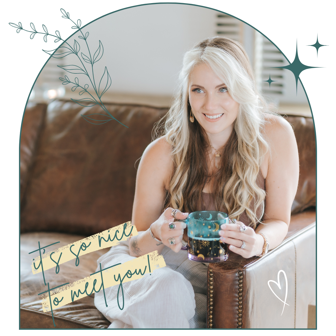 Woman with long blonde hair holding a mug, sitting on a leather couch, with decorative text 'it's so nice to meet you!' and floral elements.