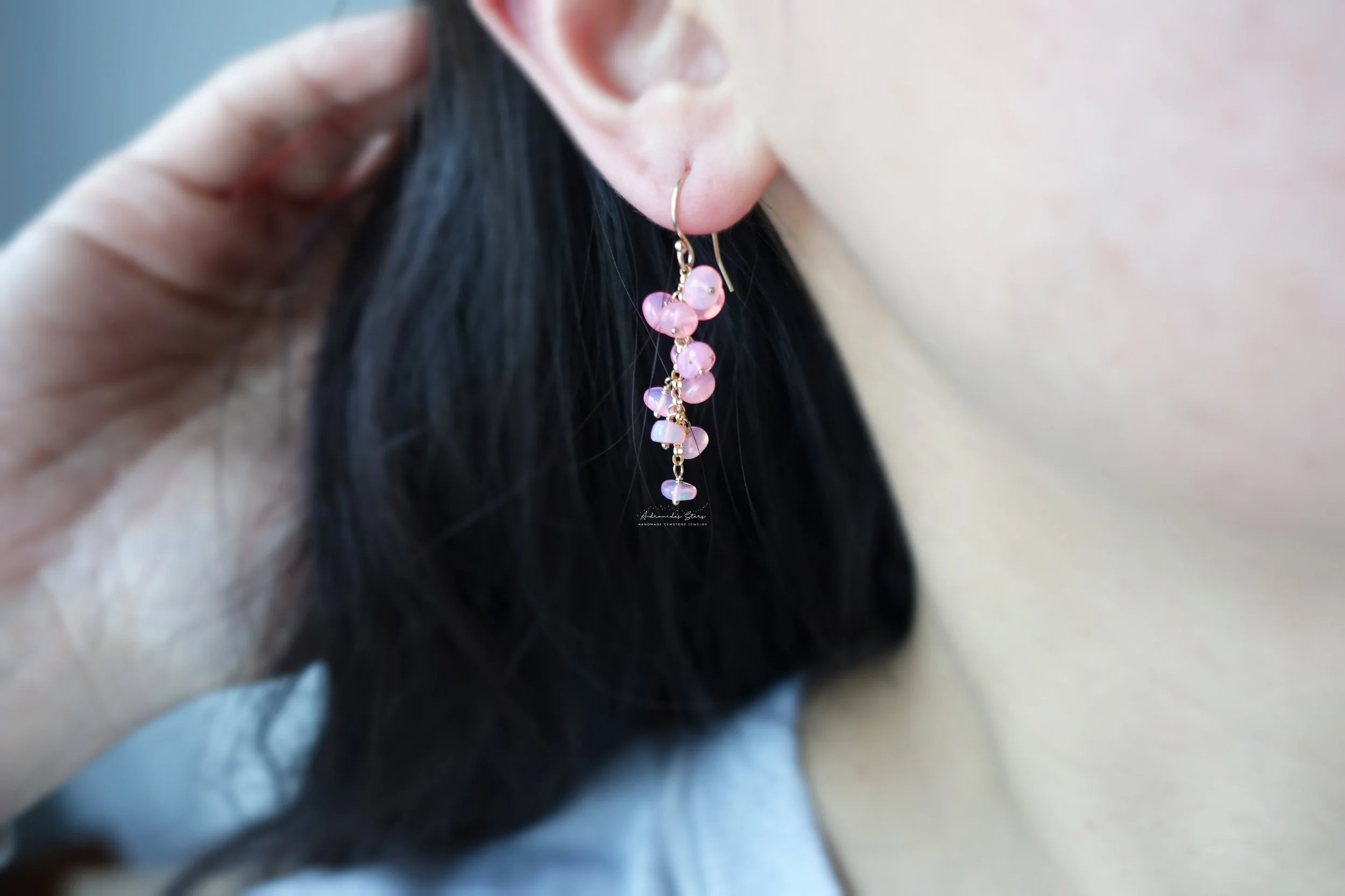 pink opal cluster earrings on.jpg