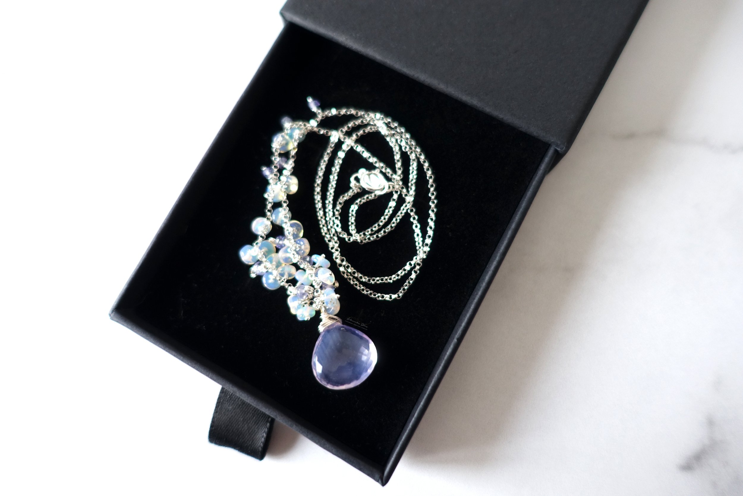 Collier quartz lavande et opale éthiopienne en argent 925, pendentif pierre naturelle violette