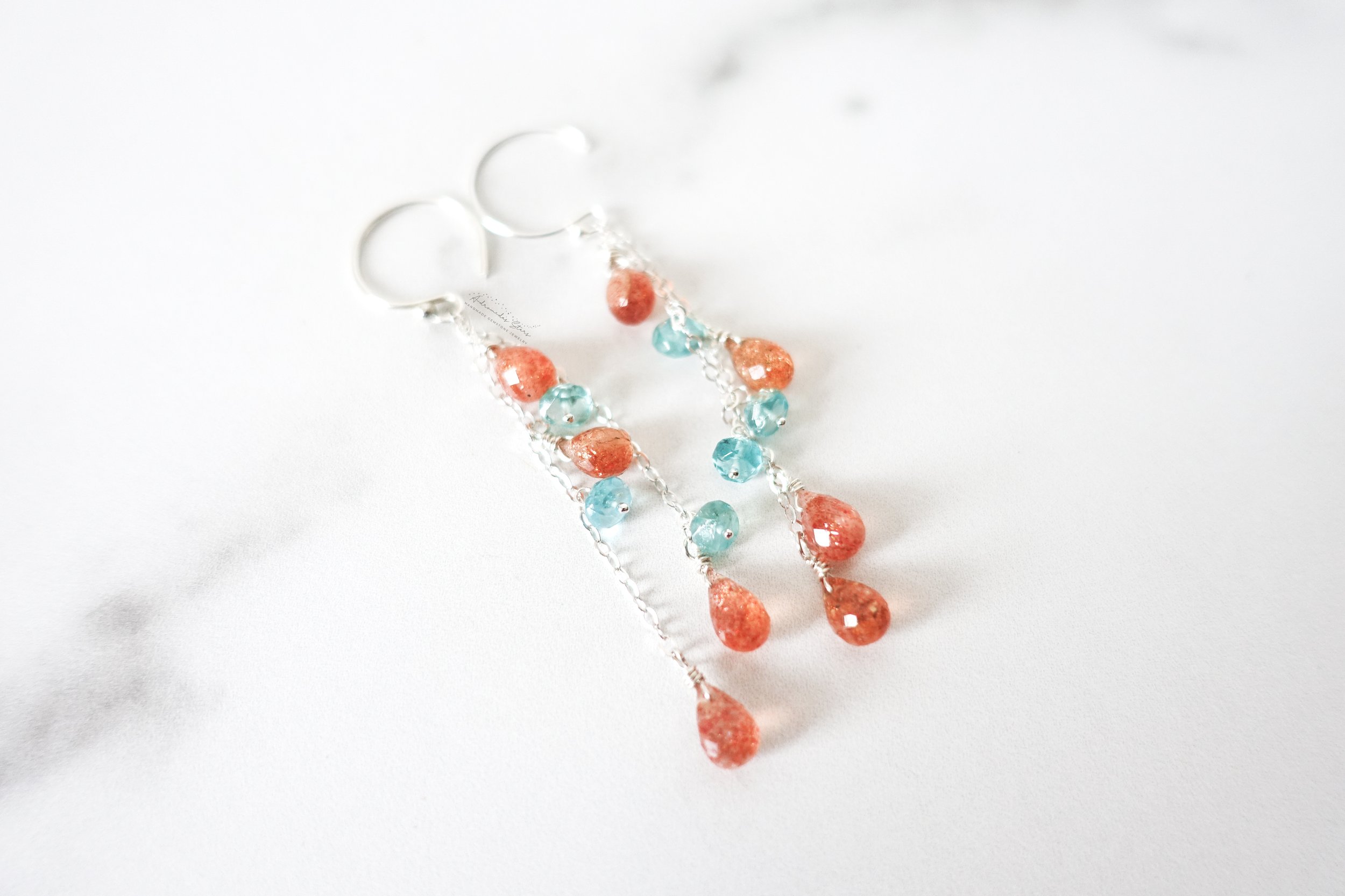 Longues boucles d'oreilles pierre de soleil, bijoux apatite bleue en argent 925