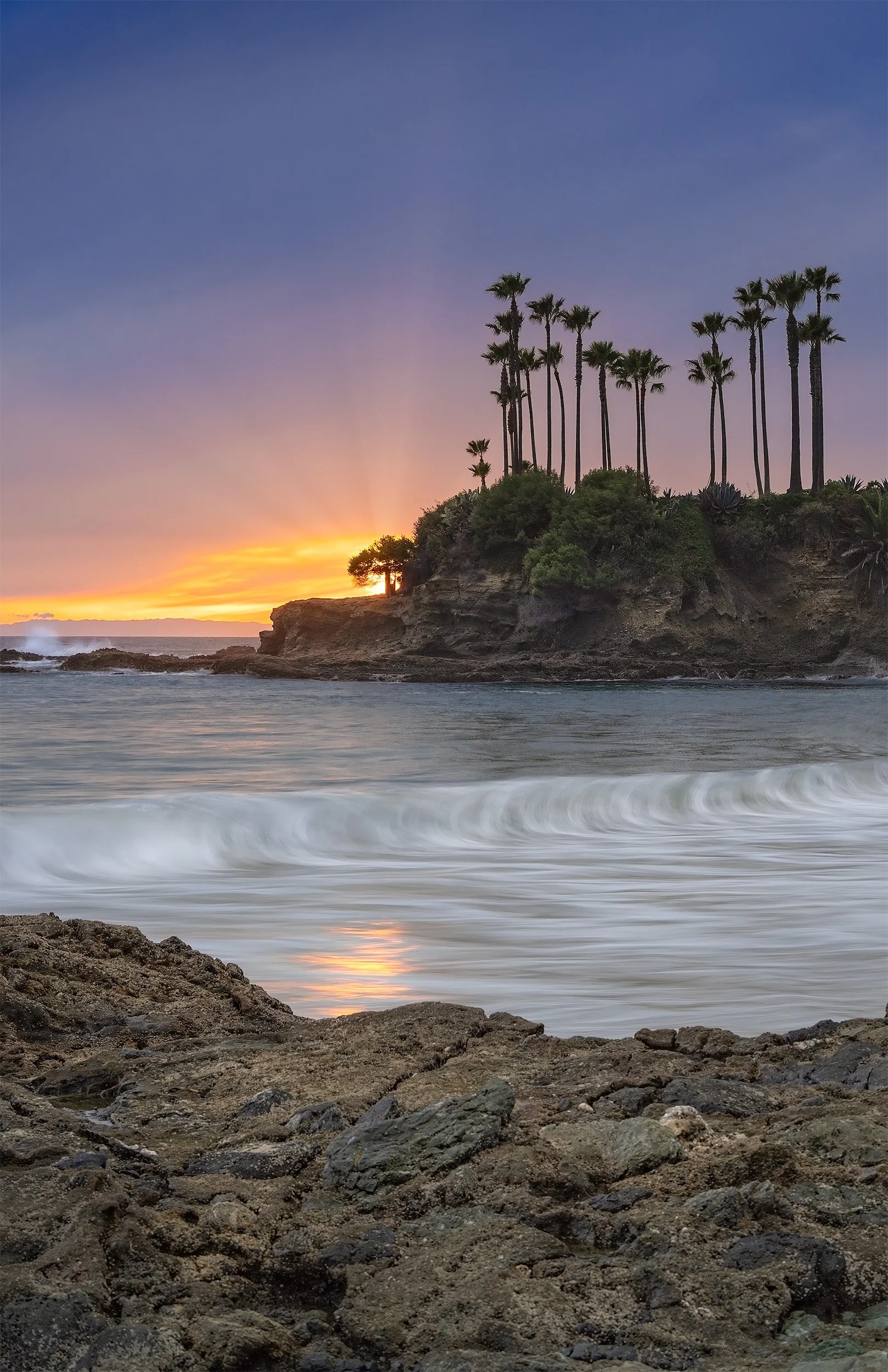 Sunset at Laguna Beach, California with rocky shoreline, calm water, and a cliff with palm trees.