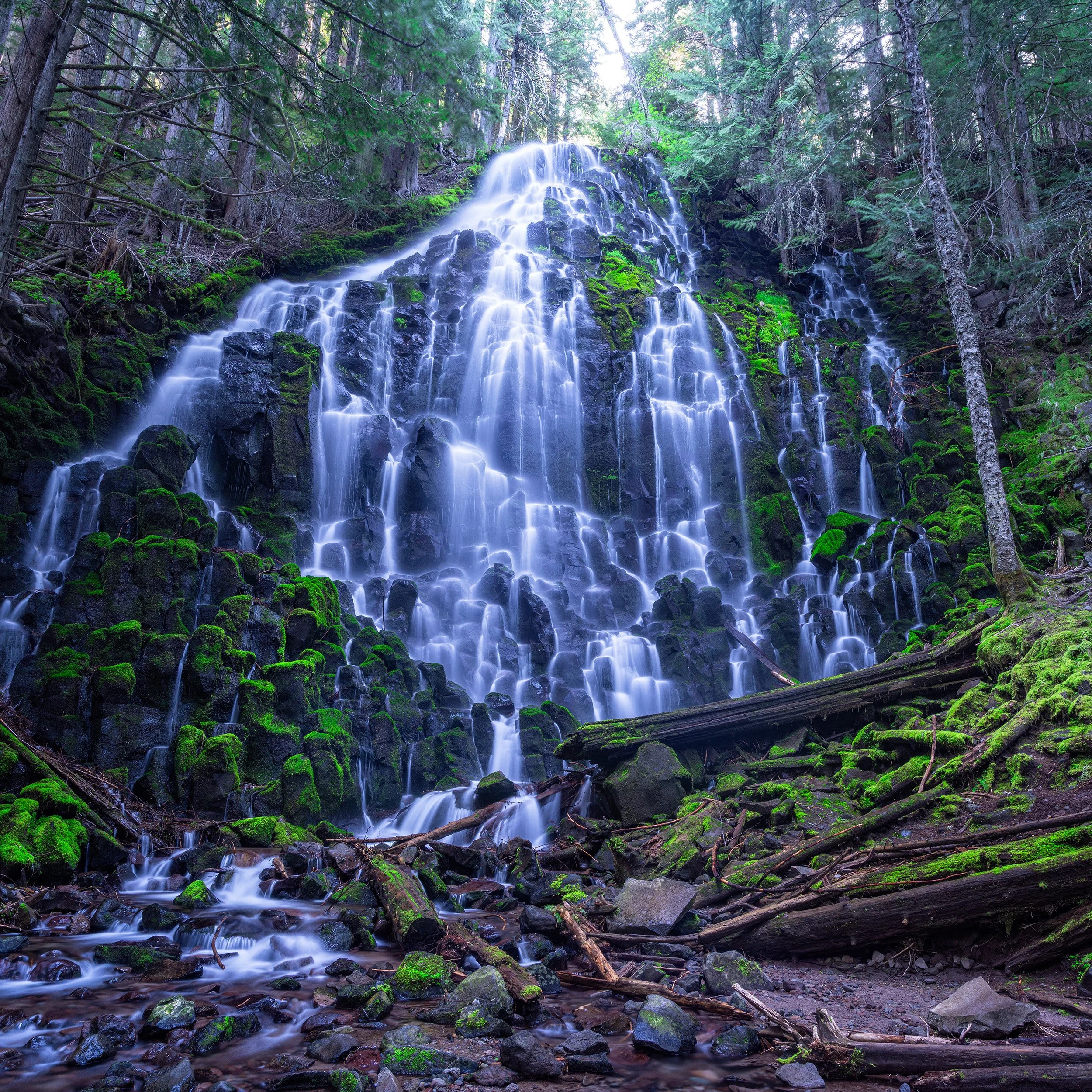 Ramona Falls on the upper Sandy River in the Mount Hood National Forest - cascading 120-foot waterfall.