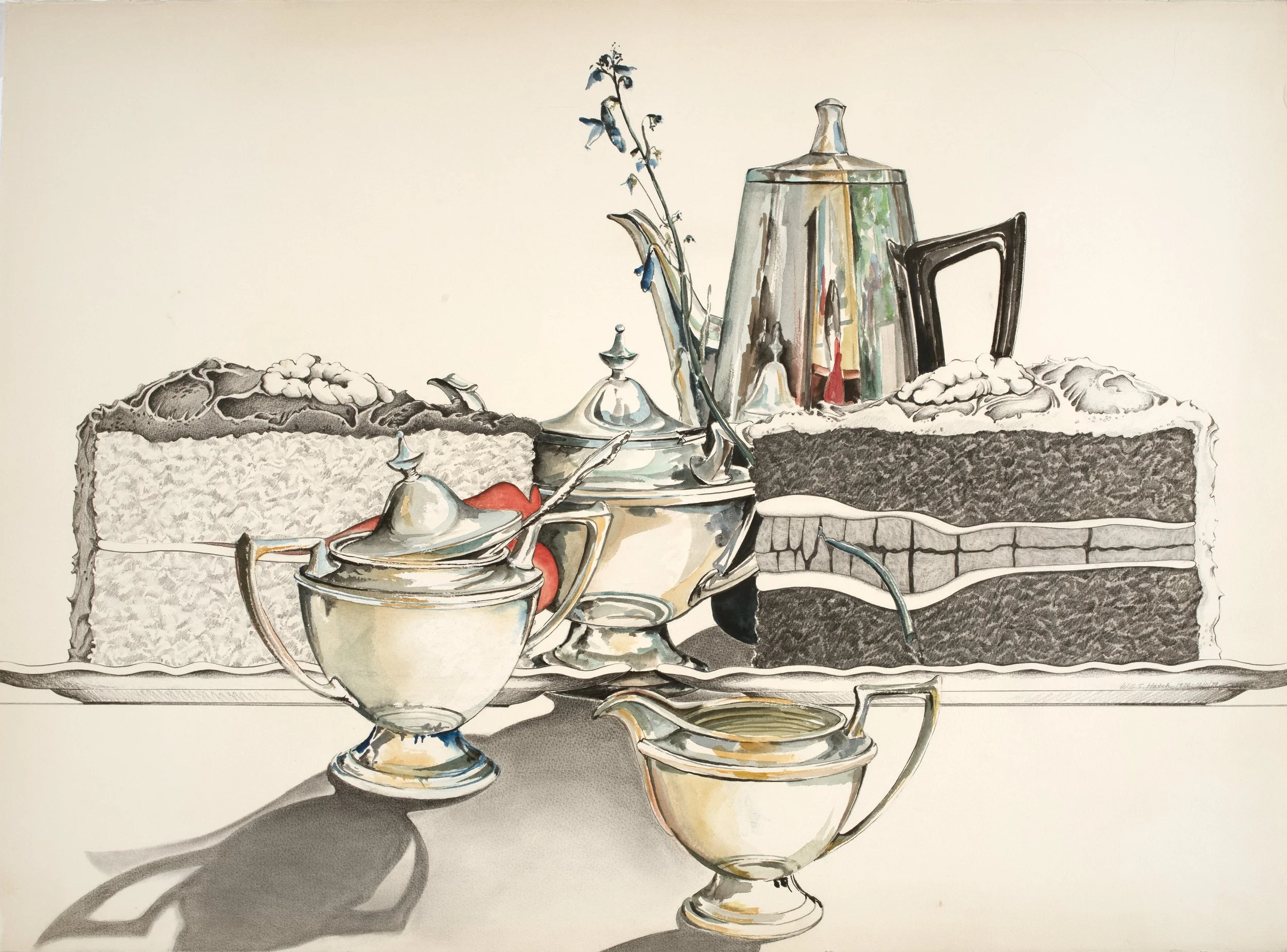 Coffee and Cake | 1979 | Pencil and Watercolor Drawing | 22 x 30 inches