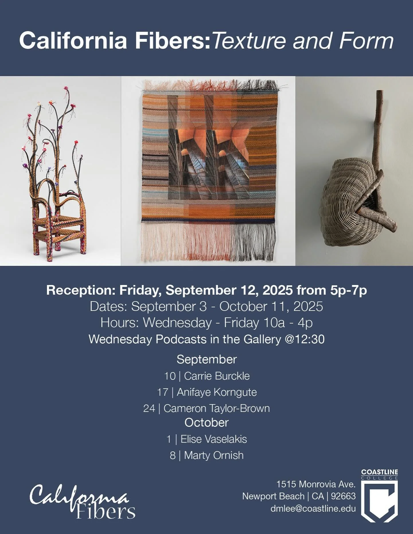 So pleased to have my work featured as the center image in the Coastline College Gallery Announcement. Work by @peggywiedemann is to the left and work by @sandy.abrams is to the right. I&rsquo;ll be participating in a gallery podcast on September 24t