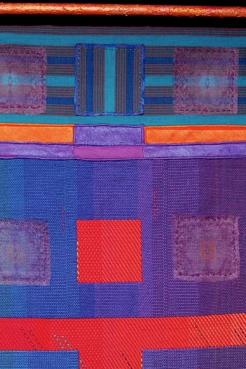 Colors of Gujarat: Common Threads #1, detail   
Cotton was first grown in the Indus Valley not far from Bhuj and their textile traditions go back thousands of years. As a contemporary weaver engaged in a very ancient craft, Cameron felt connected to