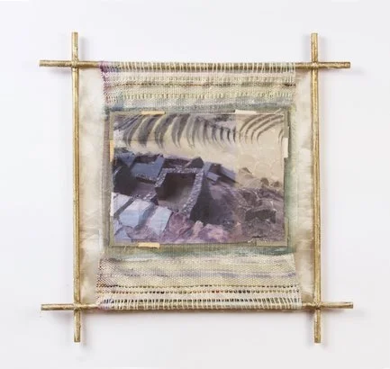 Majestic Stone: Pisac Ruins, Peru 
Date: 2015 
Medium – mixed media textile collage: photos on cloth and weaving 
Materials: fabric scraps, yarns, wood and paint  
Techniques: photography, piecework, embroidery, weaving, painting  
Dimensions: 18” by