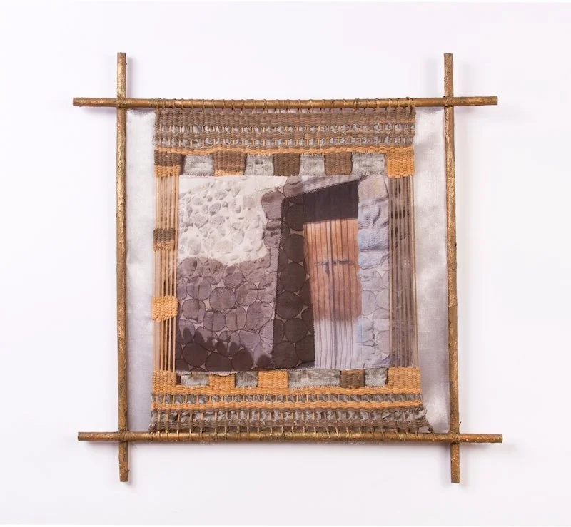 Majestic Stone: Ollantaytambo, Peru  
Date: 2015 
Medium – mixed media textile collage: photos on cloth and weaving 
Materials: fabric scraps, yarns, wood and paint  
Techniques: photography, piecework, embroidery, weaving, painting  
Dimensions: 18”