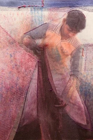 Colors of Gujarat: Fabric Dyer, detail   
This collage is based on a photograph of a dyer immersing cloth into a deep vat dug into the ground in the outdoor compound.