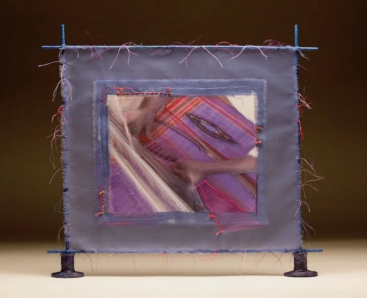Colors of Gujarat: A Weaver’s Hands  
Date: 2013 
Medium: Textile Collage: photos on cloth
Materials: silk, cotton, wood, paint 
Techniques: photographic transfer and stitching  
Dimensions: H 17” W 19”