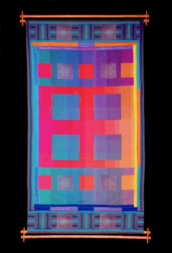 Colors of Gujarat: Common Threads #1  
Date: 2016 
Medium: Fiber/mixed media 
Materials: cotton yarns, fabrics, bias tape, wood and paint 
Techniques: weaving, photographic transfer, piecework, embroidery 
Dimensions: H 47” x W 26"