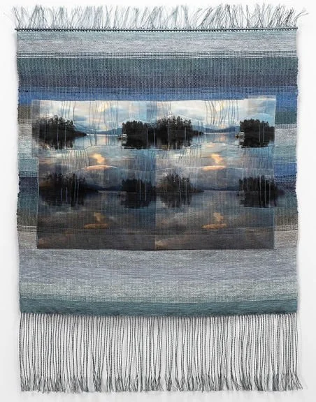 Reflections/Twilight #3, Brothers Islands, Alaska  
Date: 2020 
Medium: Fiber/mixed media 
Materials: linen yarns, silk and cotton fabric, wood and paint 
Techniques: weaving, photographic transfer, embroidery 
Dimensions: H 35” W 25”