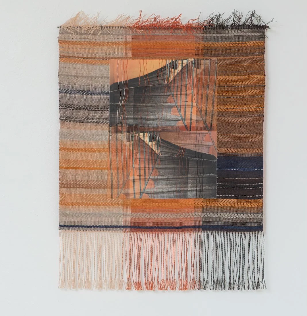 Threads of Time/Lyon Weavers' Staircase #4  
Date: 2026  
Dimensions: H 32” W 25”  
Medium: Fiber/mixed media  
Materials: linen, paper yarns, silk and cotton fabric, wood and paint  
Techniques: weaving, photographic transfer, embroidery  
Photo: Ce