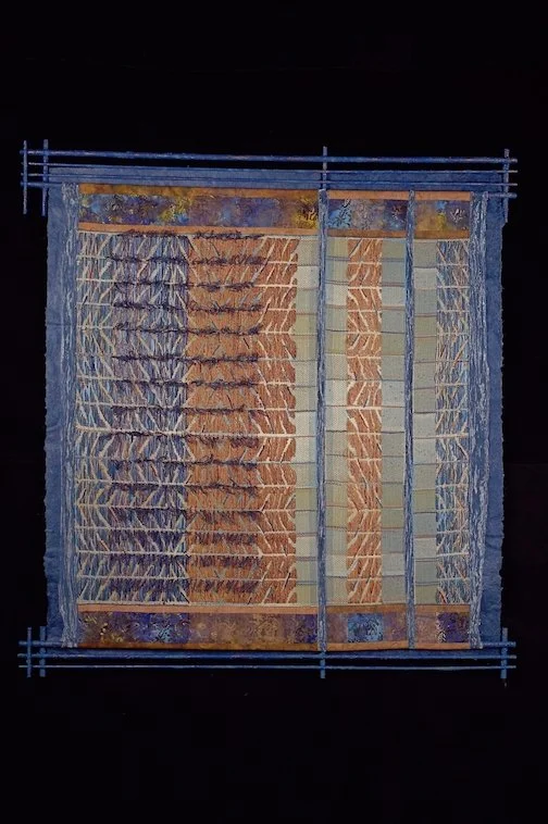 Border/Lines #2  
Date: 2008 
Medium: Fiber/mixed media  
Materials: cotton, rayon, linen, wood, paint, fabric 
Techniques: weaving, embroidery, piecework 
Dimensions: H 50” x W 48”  
Photo: Andrew Neuhart