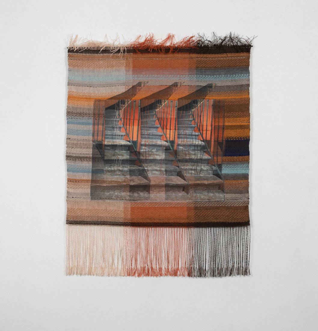 Threads of Time/ Lyon Weavers’ Staircase #1
Date: 2024
Dimensions: H 31” W 25”
Medium: Fiber/mixed media
Materials: linen, paper yarns, silk and cotton fabric, wood and paint
Techniques: weaving, photographic transfer, embroidery
Photo: Cecily