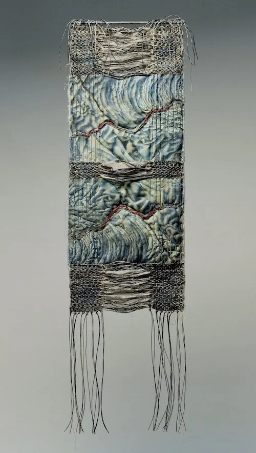 LAVAfolds #1 
Date: 2017 
Medium: Fiber/mixedmedia 
Materials: linen yarns, silk and cotton fabric, wood and paint 
Techniques: weaving, photographic transfer, quilting, embroidery  
Dimensions: H 34” W 9.5” 
Photo: Andrew Neuhart
