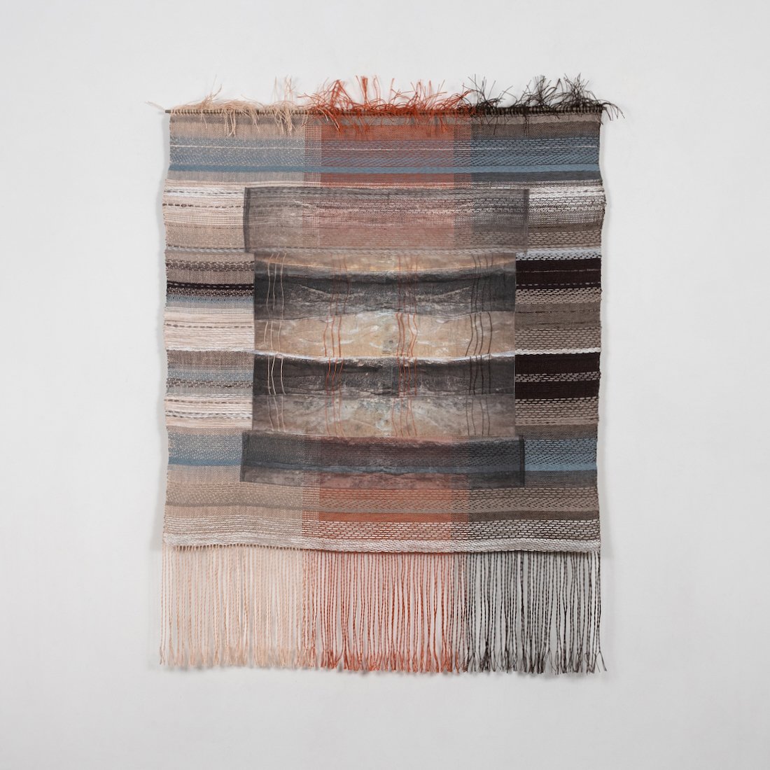 Threads of Time/Lyon Weavers' Staircase #2
Date: 2024
Medium: Fiber/mixed media
Materials: linen, paper yarns, silk and cotton fabric, wood and paint
Techniques: weaving, photographic transfer, embroidery
Photo: Cecily Brown