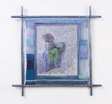 Majestic Stone: Pisac Market, Peru 
Date: 2015 
Medium – mixed media textile collage: photos on cloth and weaving 
Materials: fabric scraps, yarns, wood and paint  
Techniques: photography, piecework, embroidery, weaving, painting  
Dimensions: 18” b
