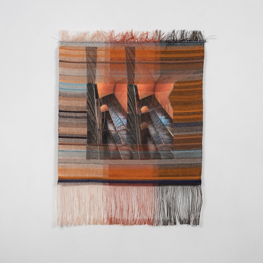 Threads of Time/Lyon Weavers' Staircase #3
Date: 2024
Dimensions: H 32” W 25”
Medium: Fiber/mixed media
Materials: linen, paper yarns, silk and cotton fabric, wood and paint
Techniques: weaving, photographic transfer, embroidery
Photo: Cec